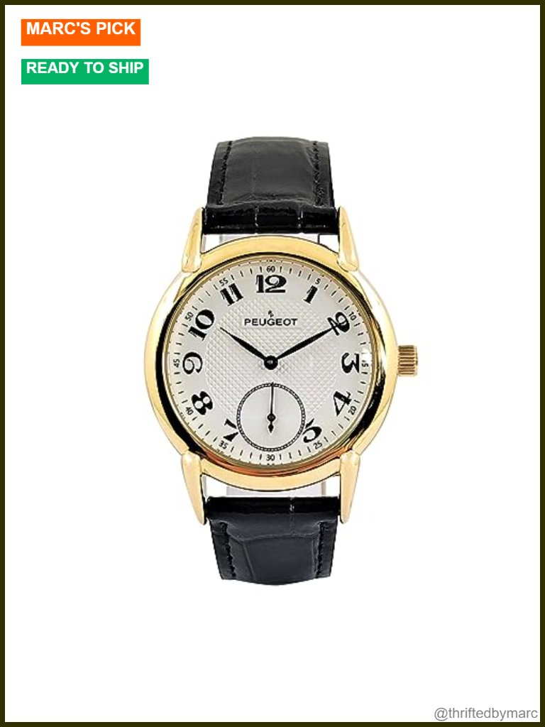 Men's Vintage 14k Gold Plated Watch With Arabic Numerals, Black Leather Strap